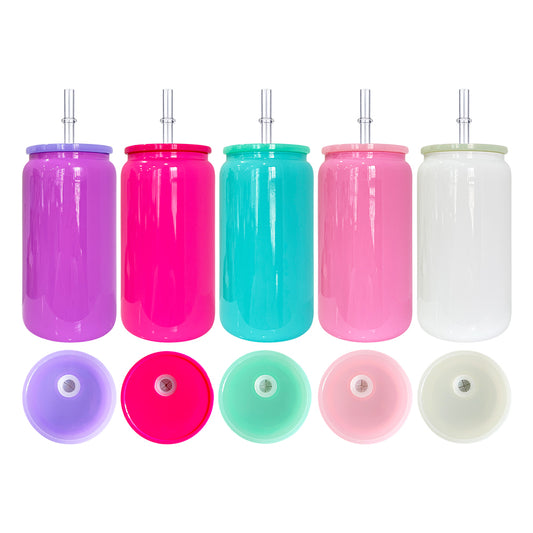 USA RTS_ Sublimation 16oz Macaron Color 16oz Glass Can with PP Lid and Straw_ miki