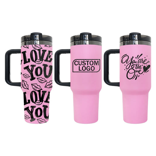 USA RTS_ Pink Powder Coated Black Underneath 40oz Quencher Tumbler With Black Lid and Handle For Laser Engraving _miki