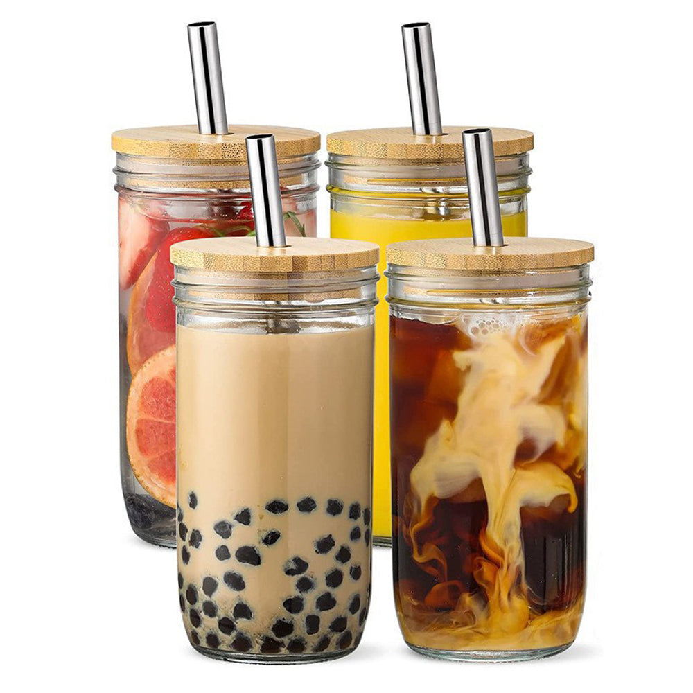 Ball Wide Mouth Glass Mason Jars With Bamboo Lid And Stainless Steel Straws For Smoothies, Milk Shakes, Iced Coffee_ miki
