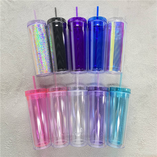 USA Presale_ Double Walled 19oz Plastic Acrylic Skinny Tumbler with Lid and Straw_ miki