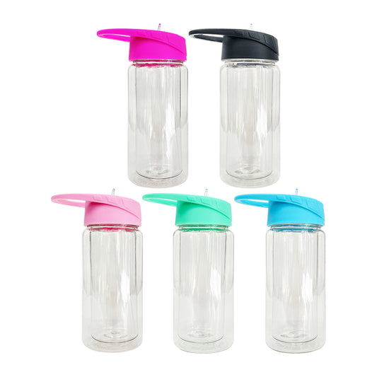USA RTS 10oz kids double wall plastic snowglobe water bottle with pre-drilled hole and stopper in bottom _miki