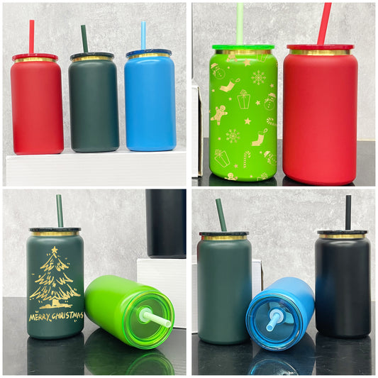 powder coated Christmas colors with gold plated 16oz vacuum insulated stainless steel can for laser engrave _miki