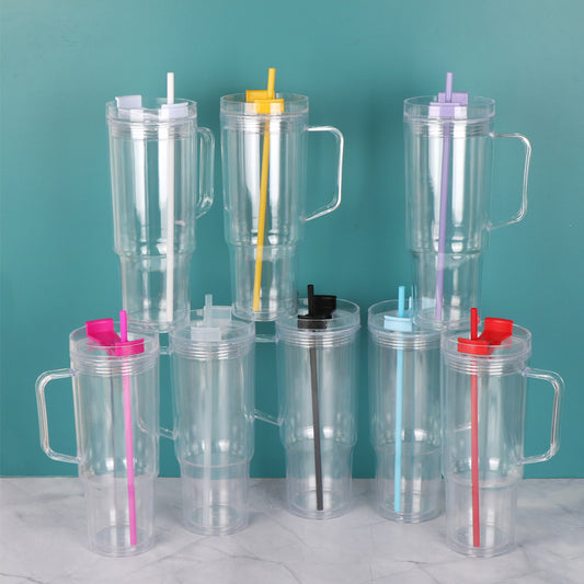 Pre-Drilled 40oz Acrylic Plastic Double Walled Snowglobe Handle Tumbler with Lid, Straw, Stopper for Glitter and UV DTF wraps_ miki