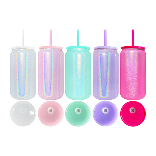 Sublimation Shimmer Glitter 16oz Vacuum Insulated Stainless Steel Can with Colored PP Lid and Straw_ miki