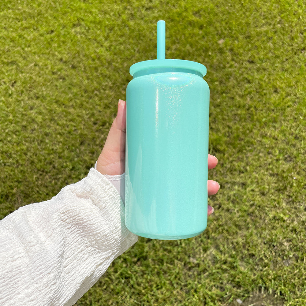 Sublimation Shimmer Glitter 16oz Vacuum Insulated Stainless Steel Can with Colored PP Lid and Straw_ miki