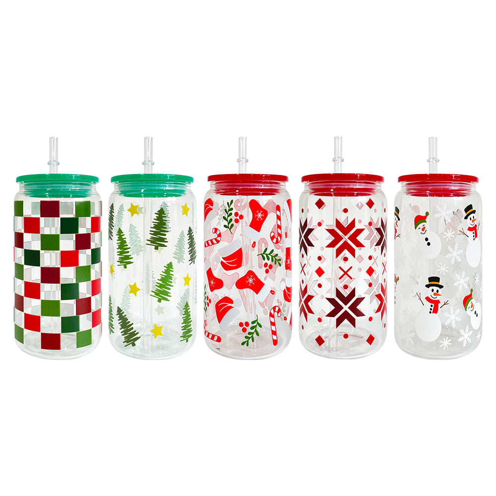 3D touch UV printing Christmas designed 16oz clear glass can with pp lid and straw_miki