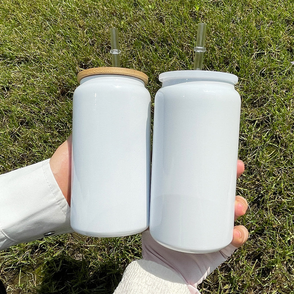 sublimation white 16oz vacuum insulated stainless steel can with bamboo lid and plastic lid_miki
