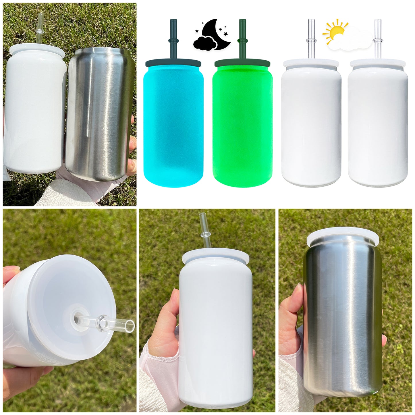 sublimation white glow in dark 16oz vacuum insulated stainless steel can with pp lid and straw_miki