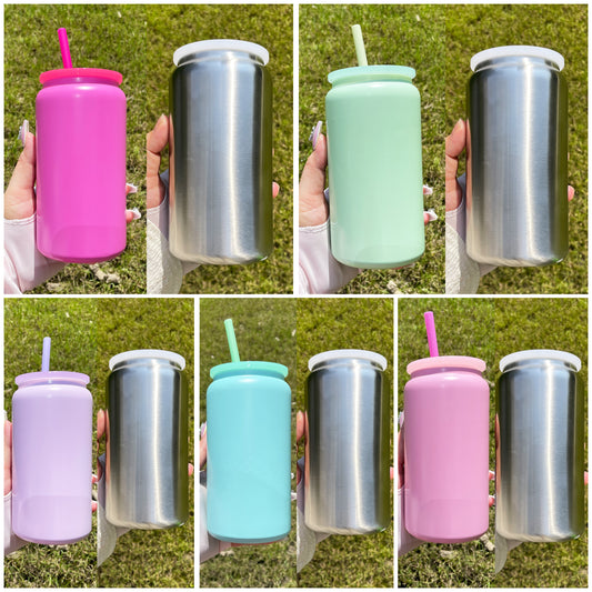 USA Presale_ Sublimation Matte Candy Colored 16oz Vacuum Insulated Stainless Steel Can with PP Lid and Straw_ miki