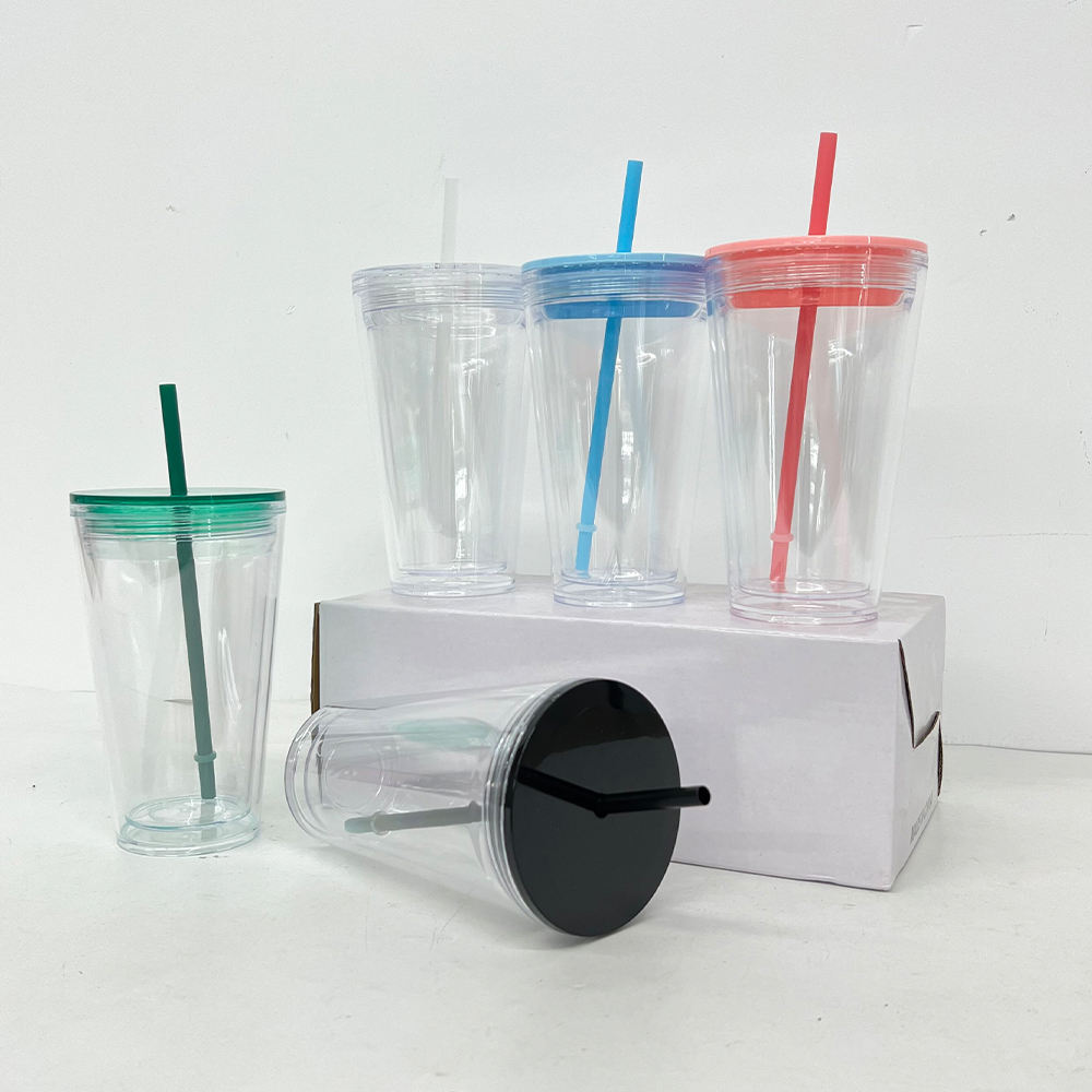 USA RTS_ 16oz Pre-drilled double walled plastic Snow globe cups with lid and straw _miki