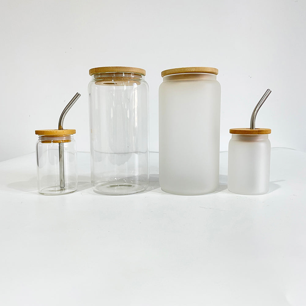sublimation 3.5 OZ shot glass can with bamboo lid and metal straw_miki