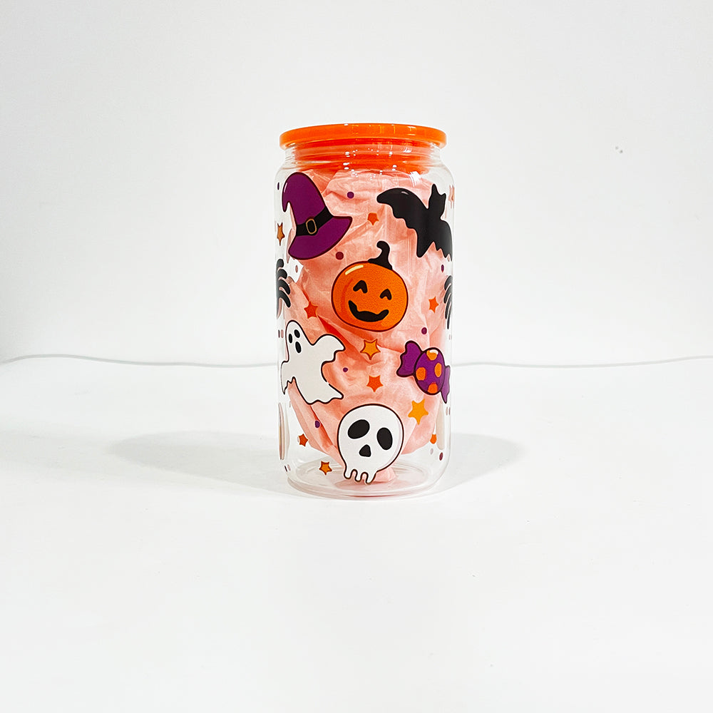 3D touch UV printing Halloween designed 16oz clear glass can with pp lid and straw_miki
