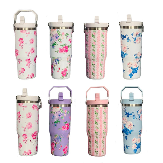 30oz Sliver Plate Love Shack Fancy Flower Flip Straw Water Bottles_ miki