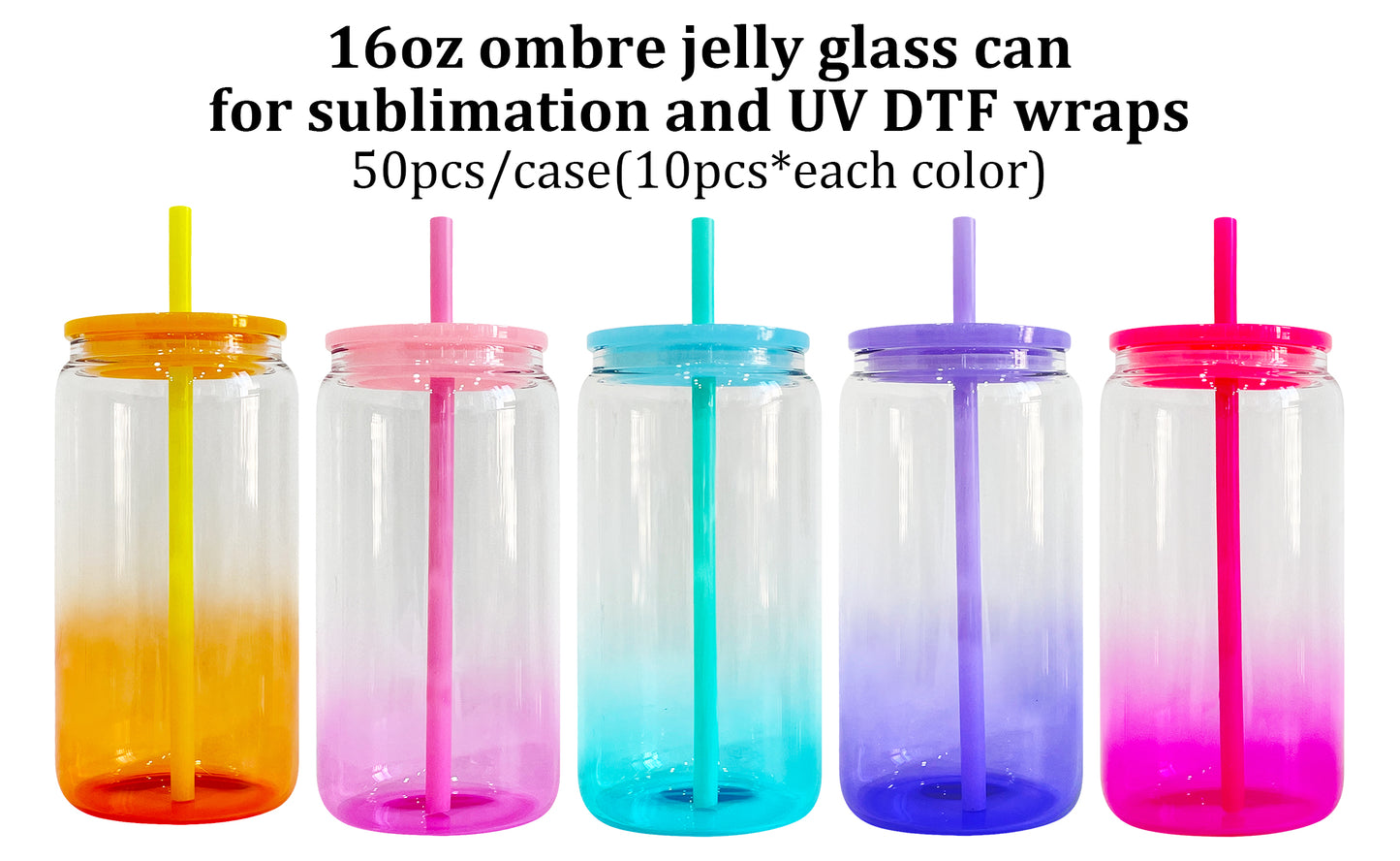 USA RTS_ 16oz Ombré Jelly Glass Cans with Colored Lid and Straw for Sublimation and UV DTF_ miki