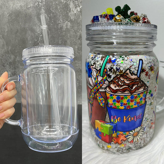 Acrylic Plastic 20oz Double Wall Snow Globe Mason Jar with Handle, Lid and Straw for DIY Glitter and Vinyl_ miki