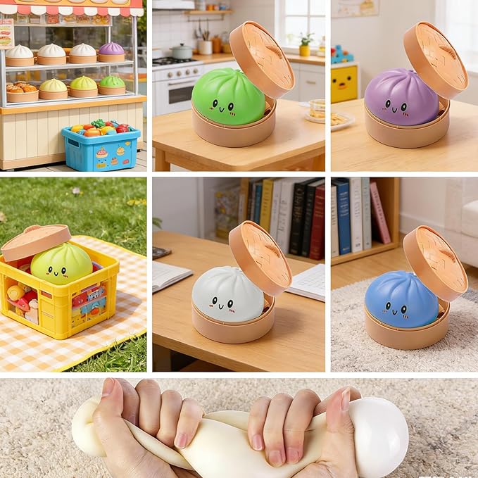 USA Presale_ Glitter Soft Squeeze Decompression Dumpling Squishy Toys with Steamer Basket and Gift Box_ miki