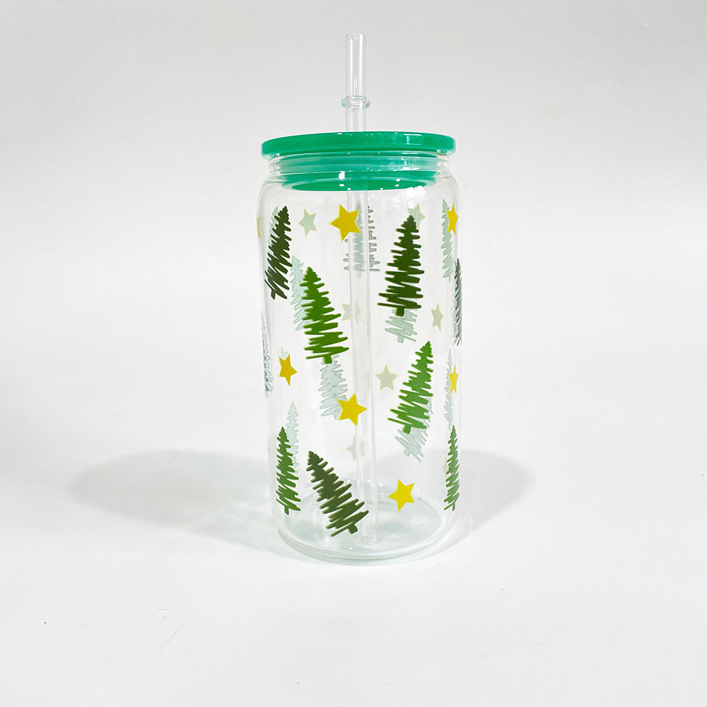 3D touch UV printing Christmas designed 16oz clear glass can with pp lid and straw_miki