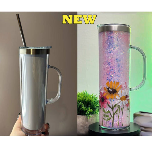 USA Presale_ Pre-Drilled Sublimation White 20oz Double Walled Stainless Steel Snow Globe Tumbler with Handle, Lid and Straw _ miki