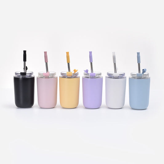 Cute 280ml stainless steel insulated cup coffee milk mug with lid and straw_miki