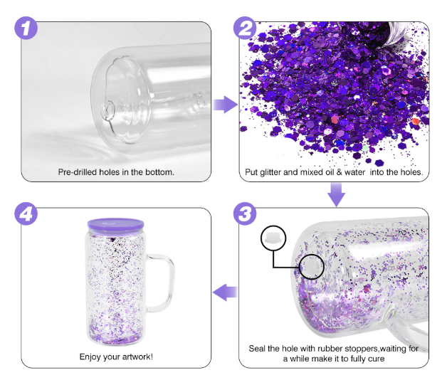 Sublimation 16oz Double Walled Snow Globe Glass Mugs Pre-Drilled with Handle and Colored Lids for UV DTF and DIY Glitter_ miki