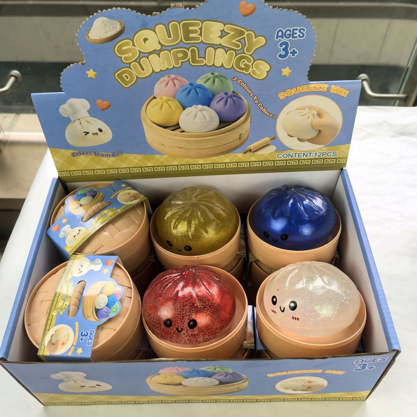 USA Presale_ Glitter Soft Squeeze Decompression Dumpling Squishy Toys with Steamer Basket and Gift Box_ miki