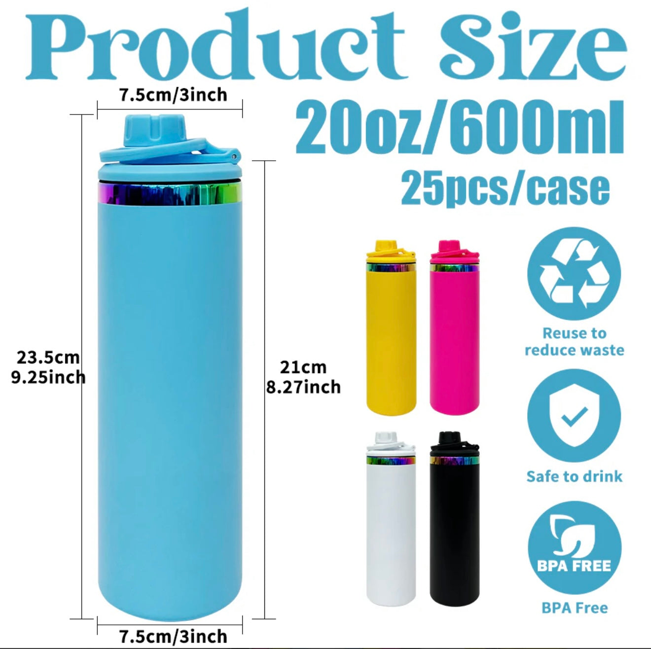 Powder Coated 20oz Sports Lid Rainbow Plated Straight Sports Water Bottles With 2 Lids For Laser Engraving _Miki