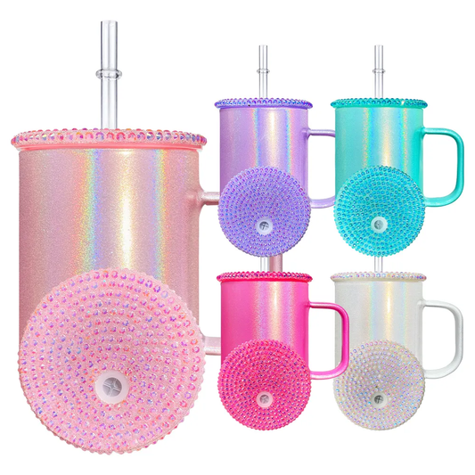 Sublimation 17oz Shimmer Glass Mug With Straw And Colored Plastic Lids _miki
