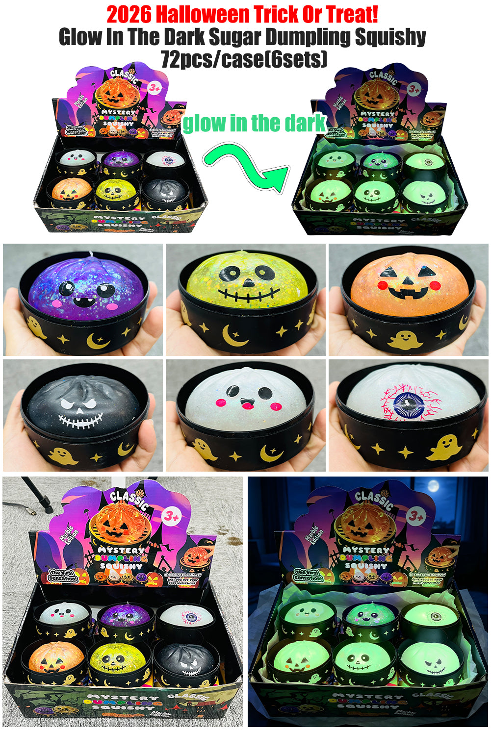 Halloween design Glow in the dark Maltose Dumpling Squishy Toys with Steamer Basket and Gift Box_ miki