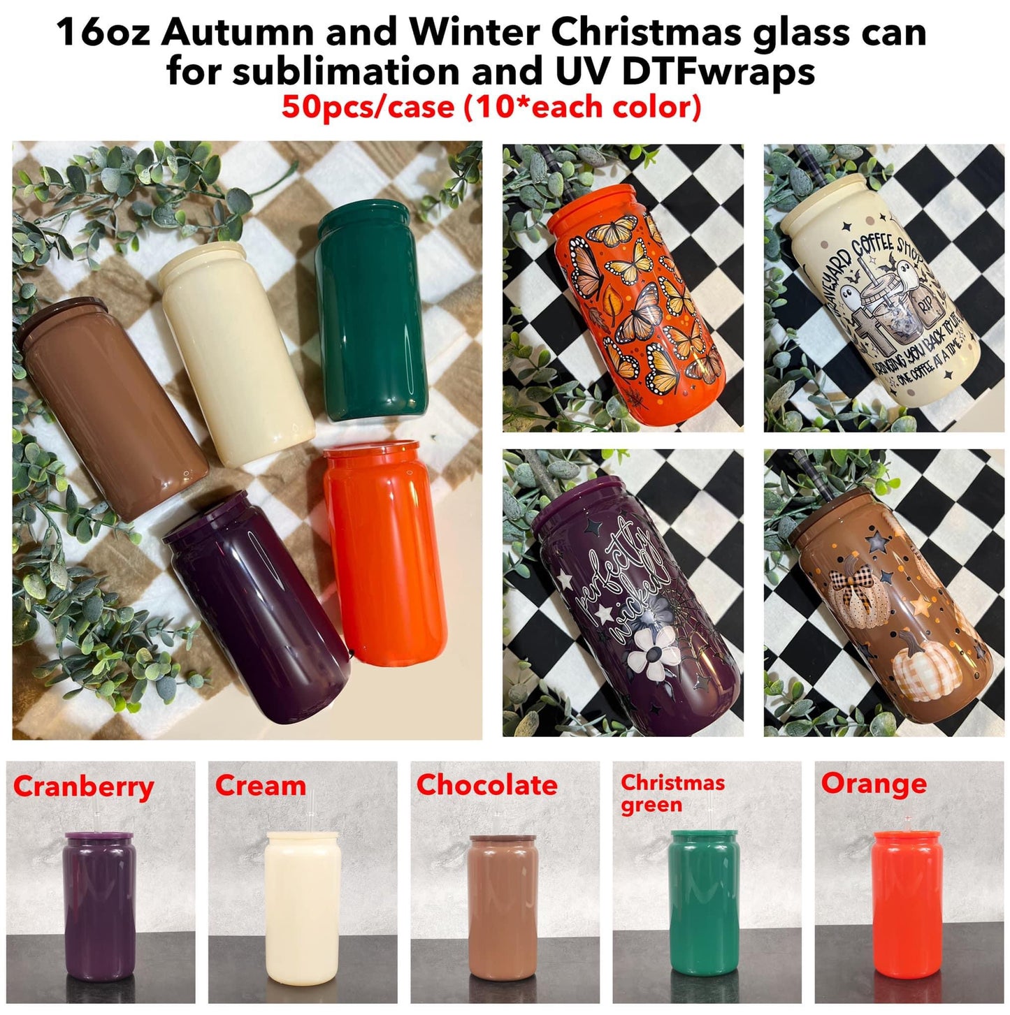 fall autumn colors 16oz glass cans with plastic lids and straws for sublimation and UV DTF wraps_miki