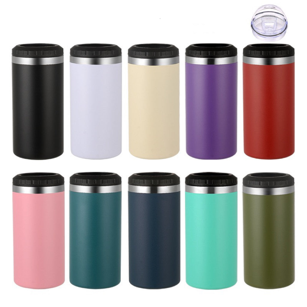 Powder coated 16oz vacuum insulated can cooler with 2 lids for laser engraving_miki