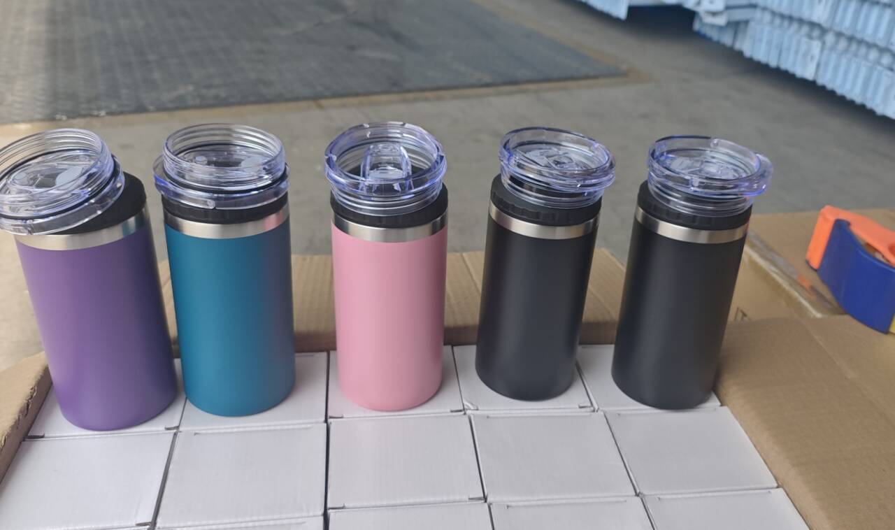 Powder coated 16oz vacuum insulated can cooler with 2 lids for laser engraving_miki