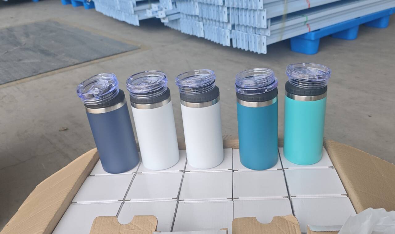 Powder coated 16oz vacuum insulated can cooler with 2 lids for laser engraving_miki