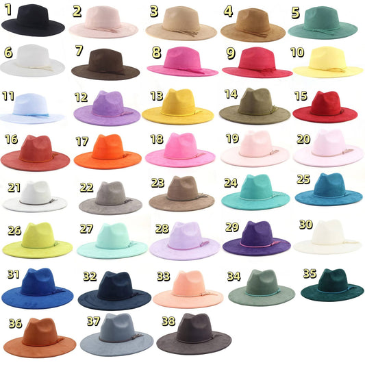 9.5cm Flat Brim Felt Fedora Hats with Tassels Blank Western Cowboy Faux Suede Fabric Hats for Laser Engraving_ miki