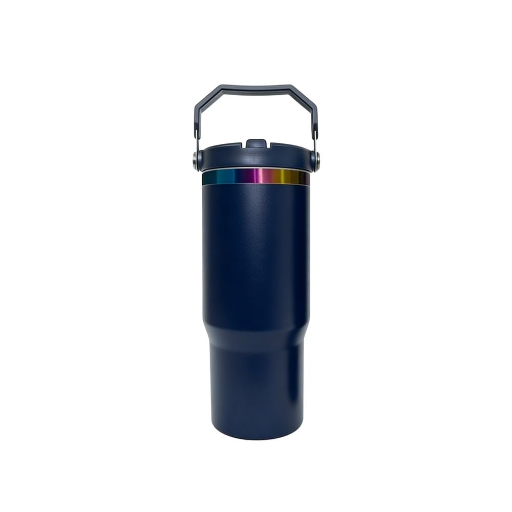 Navy Blue Powder Coated Rainbow Underneath 30oz Flip Straw Water Bottle For Laser Engraved_miki