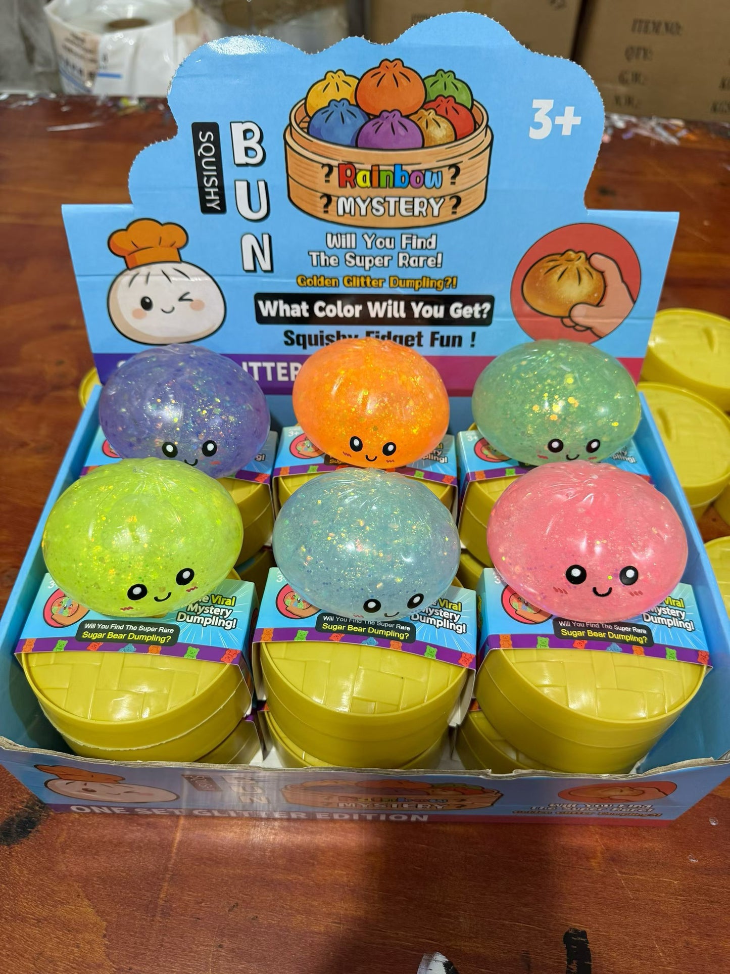 USA Presale_ Glow in the dark Glitter Dumpling Squishy Toys with Steamer Basket and Gift Box_ miki