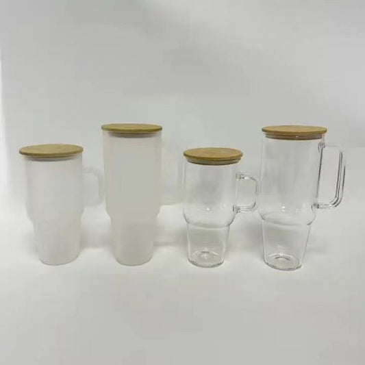 USA RTS_ 32oz 40oz Clear Frosted Glass Mug With Handle,bamboo lid and plastic straw_miki