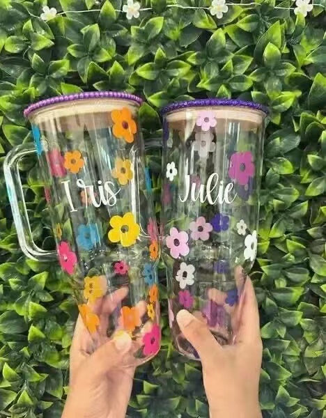 Big Capacity 32oz 40oz Clear Frosted Glass Mug With Handle,bamboo lid and plastic straw_miki