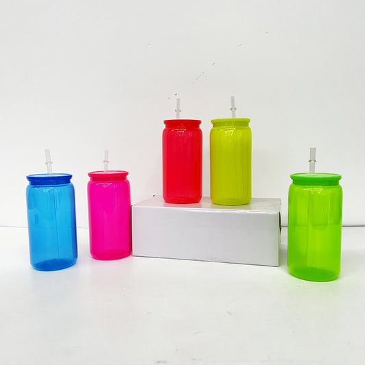 USA RTS_ Neon colored 16oz plastic cans with pp lids and straws for UV DTF_miki