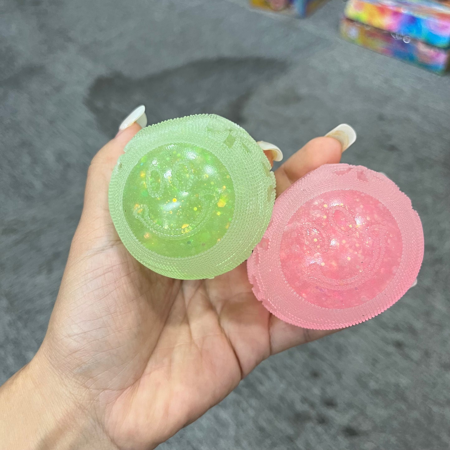 USA Presale_ Glowing in the dark smiley face glitter fuzzy ball squishy toy _miki