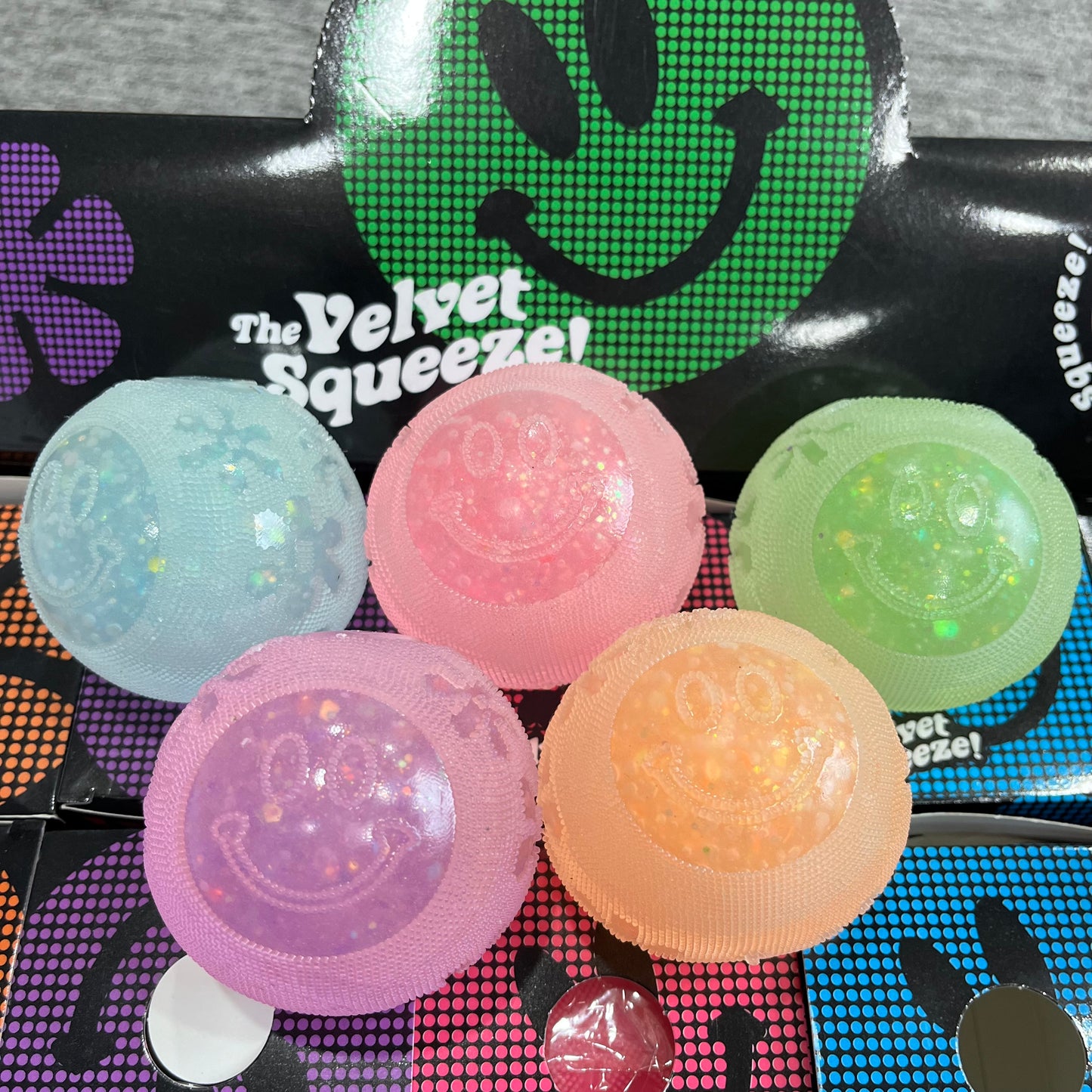 USA Presale_ Glowing in the dark smiley face glitter fuzzy ball squishy toy _miki