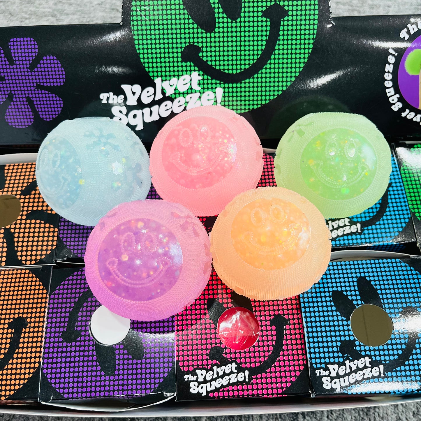 USA Presale_ Glowing in the dark smiley face glitter fuzzy ball squishy toy _miki