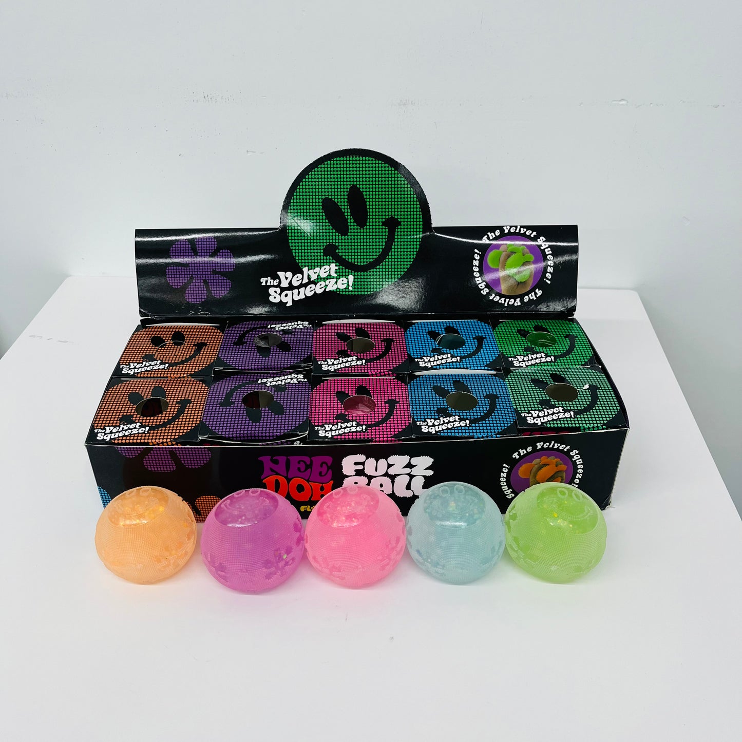 USA Presale_ Glowing in the dark smiley face glitter fuzzy ball squishy toy _miki
