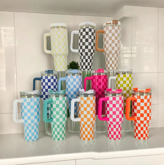 Checkerboard 5D printed H1.0 40oz quencher tumblers with lid and straw_miki