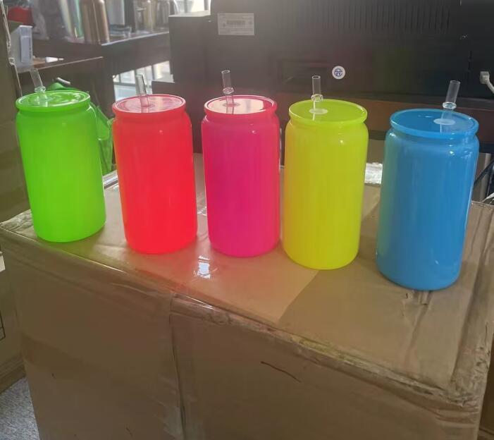 Sublimation 16oz Neon Colored Glass Can with Lid and Straw_ miki