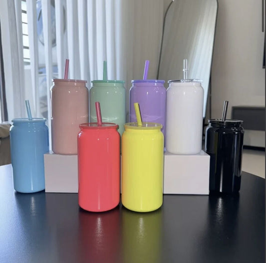 16oz glossy sublimation stainless steel can with colored lid and straw for laser engraving/UV DTF_miki