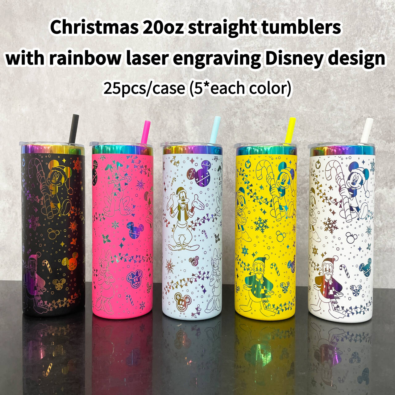 USA RTS_ Disney designs engraved rainbow plated 20oz straight tumblers with slide lid and straw_miki