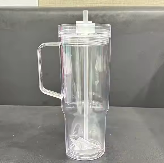 USA Presale_ Pre-Drilled 40oz Acrylic Plastic Double Walled Snowglobe Handle Tumbler with Lid, Straw, Stopper for Glitter and UV DTF wraps_ miki