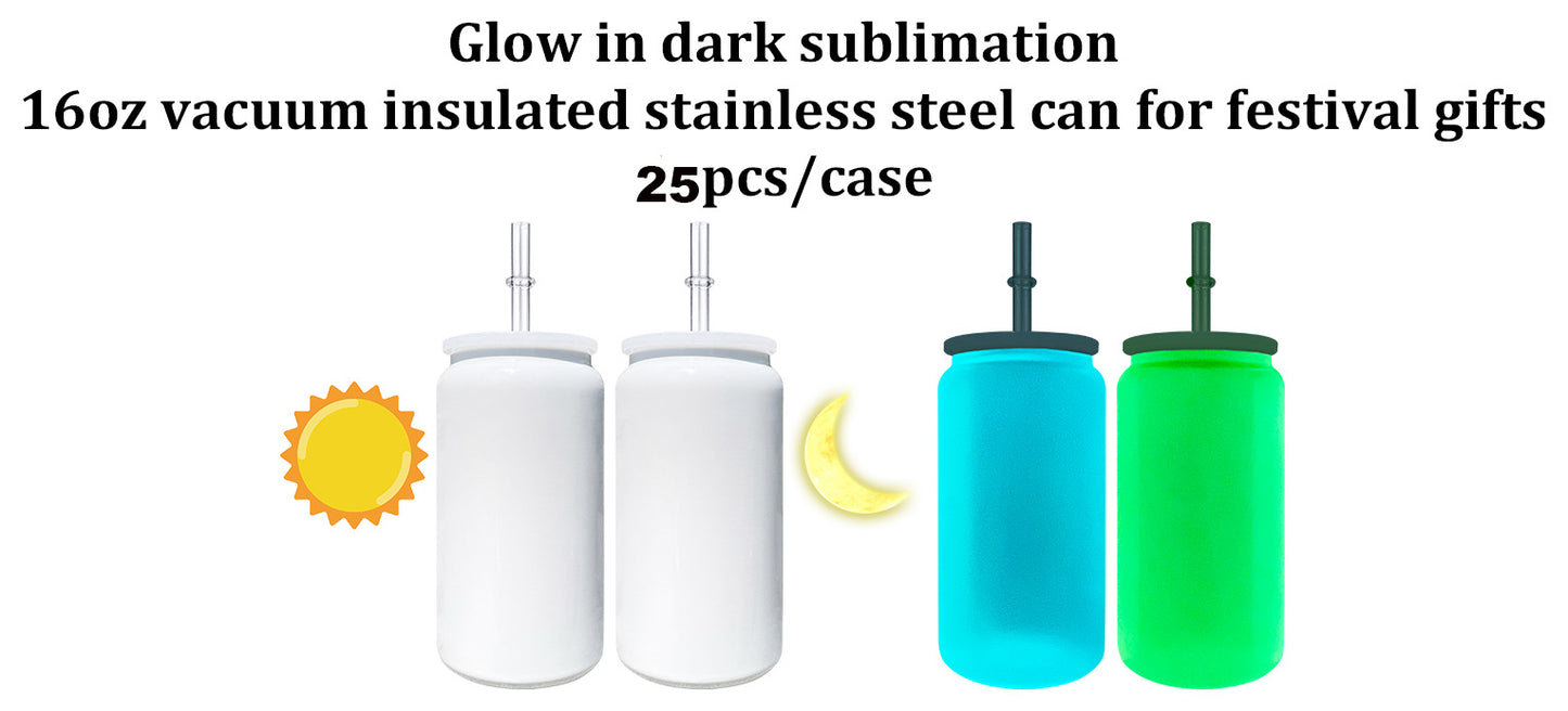 sublimation white glow in dark 16oz vacuum insulated stainless steel can with pp lid and straw_miki