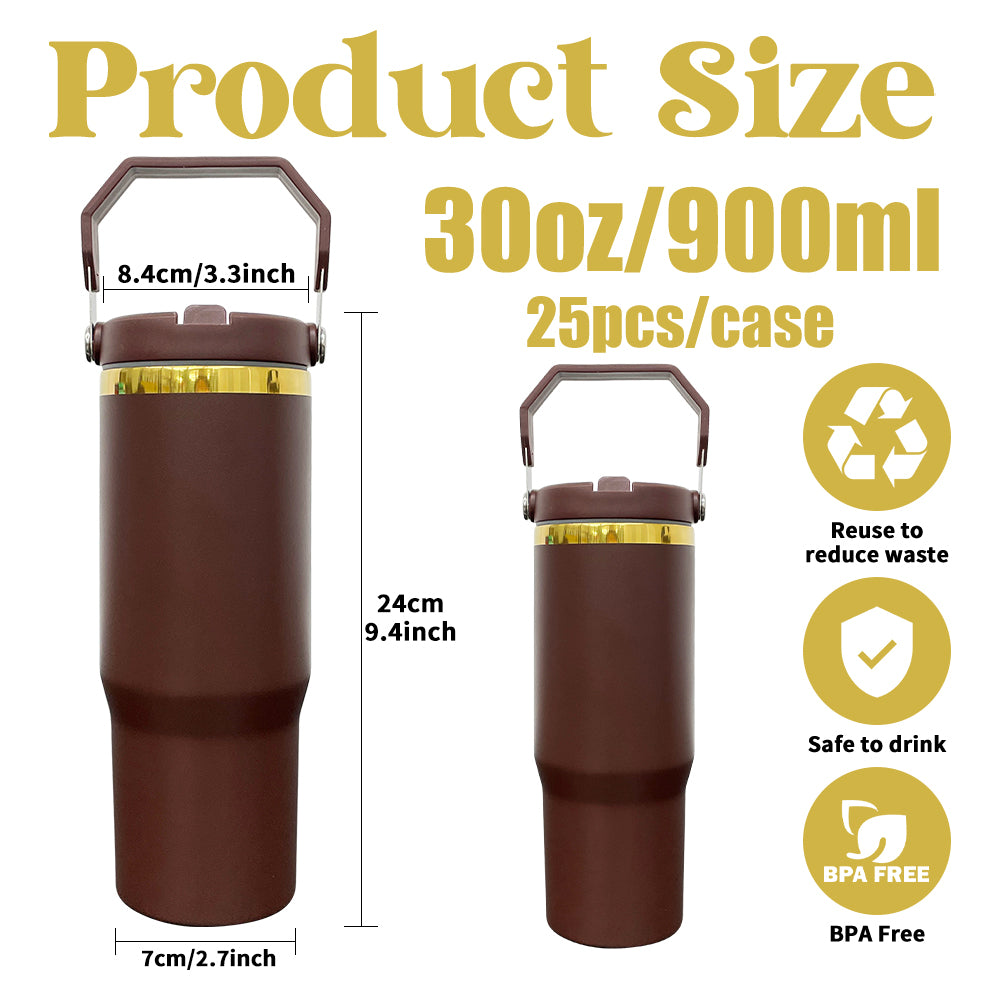 🍫Chocolate Gold Plated 30oz Powder Coated Flip Straw Water Bottle For Laser Engraving _miki