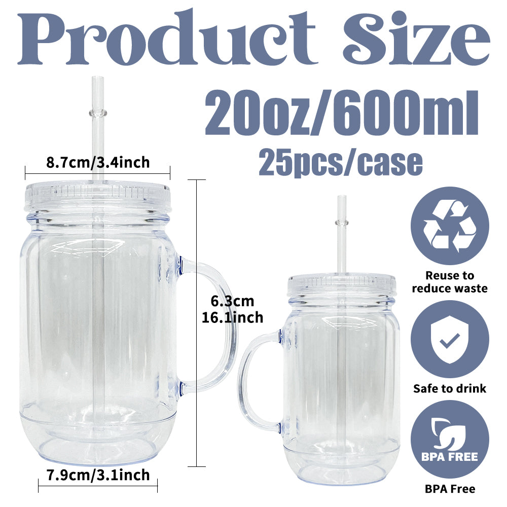 Acrylic Plastic 20oz Double Wall Snow Globe Mason Jar with Handle, Lid and Straw for DIY Glitter and Vinyl_ miki